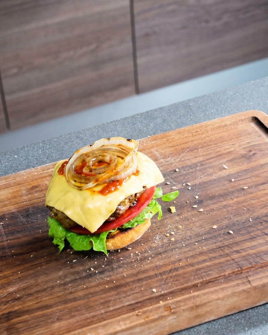 Ein frisch zusammengesetzter Burger mit Salat, Tomate, Rinder-Patty, schmelzendem Käse und gegrillten Zwiebeln.