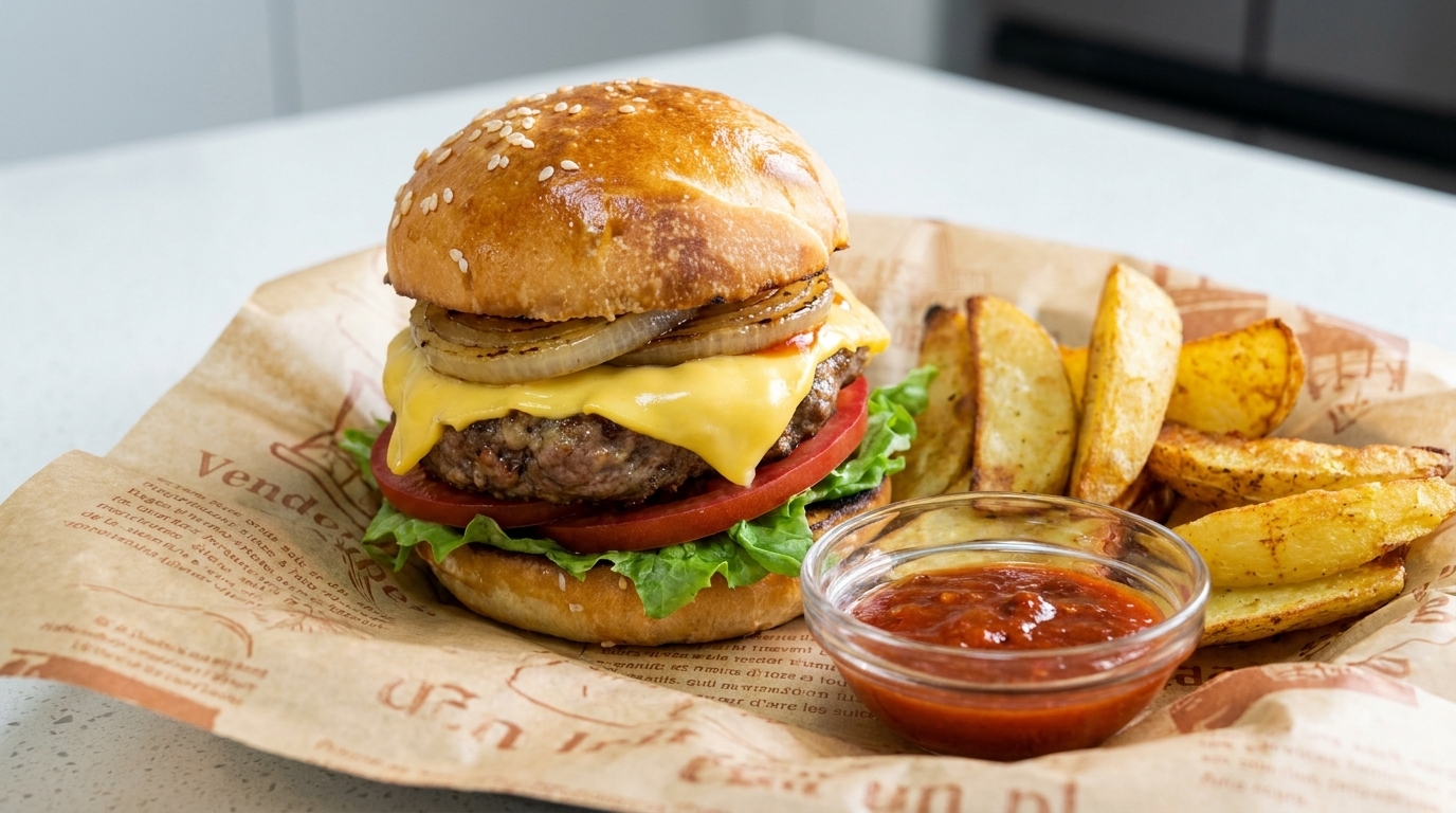 Ein frisch zusammengestellter Gourmet-Cheeseburger mit geschmolzenem Käse, knackigem Salat und frischen Tomaten, serviert mit goldgelben Kartoffelspalten und Ketchup.