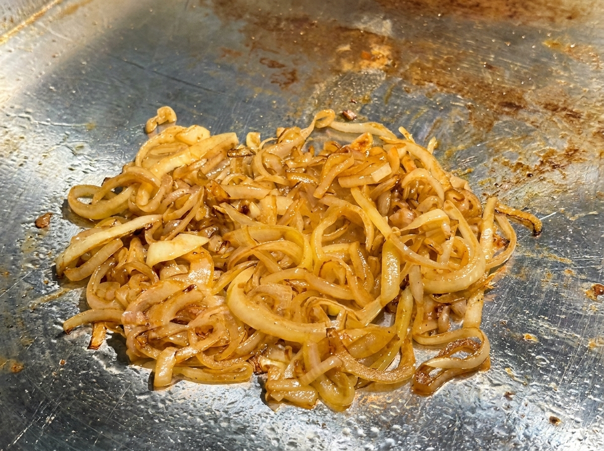 Apfelessig wird über die karamellisierten Zwiebeln auf dem heißen Grill geträufelt.