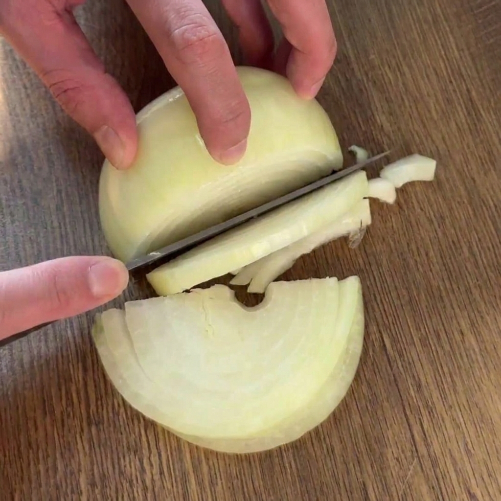 Eine Person schneidet eine halbierte gelbe Zwiebel mit einem Kochmesser auf einem Holzbrett in gleichmäßige halbe Ringe.