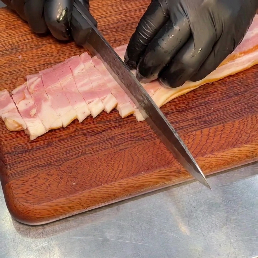 Gleichmäßig gewürfelte Stücke von geräuchertem Speck auf einem rustikalen Holzschneidebrett.