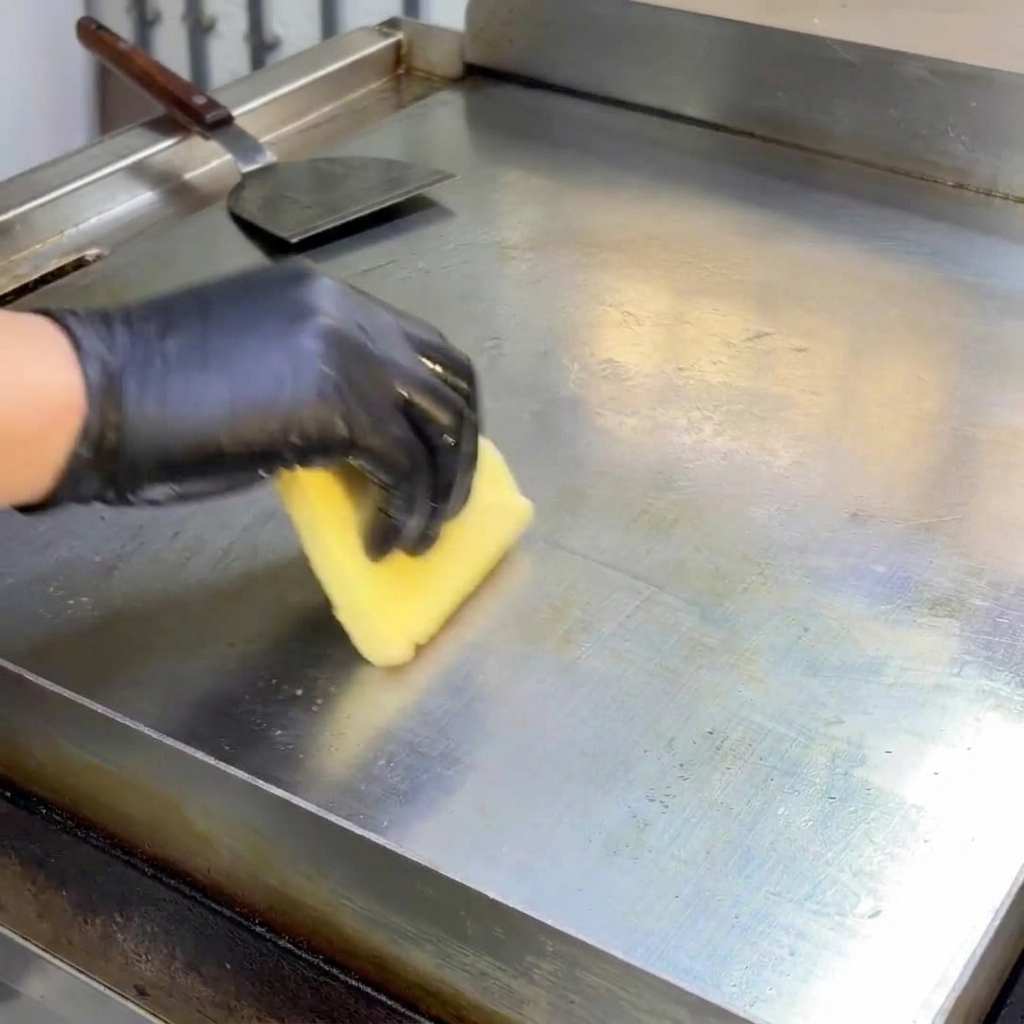 Butter schmilzt und wird auf der Oberfläche eines heißen Flachgrills verteilt.
