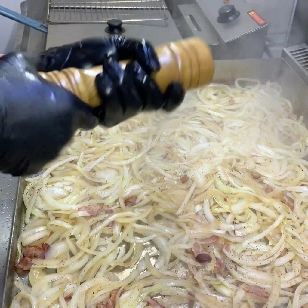 Schwarzer Pfeffer wird frisch über die Zwiebel-Speck-Mischung auf dem Grill gemahlen.