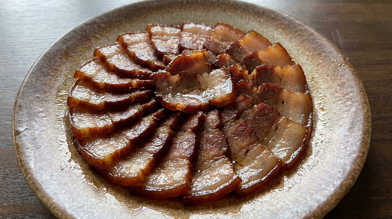 Fein aufgeschnittener, glänzend gedämpfter Schweinebauch mit Sojasauce, angerichtet auf einem rustikalen braunen Keramikteller.
