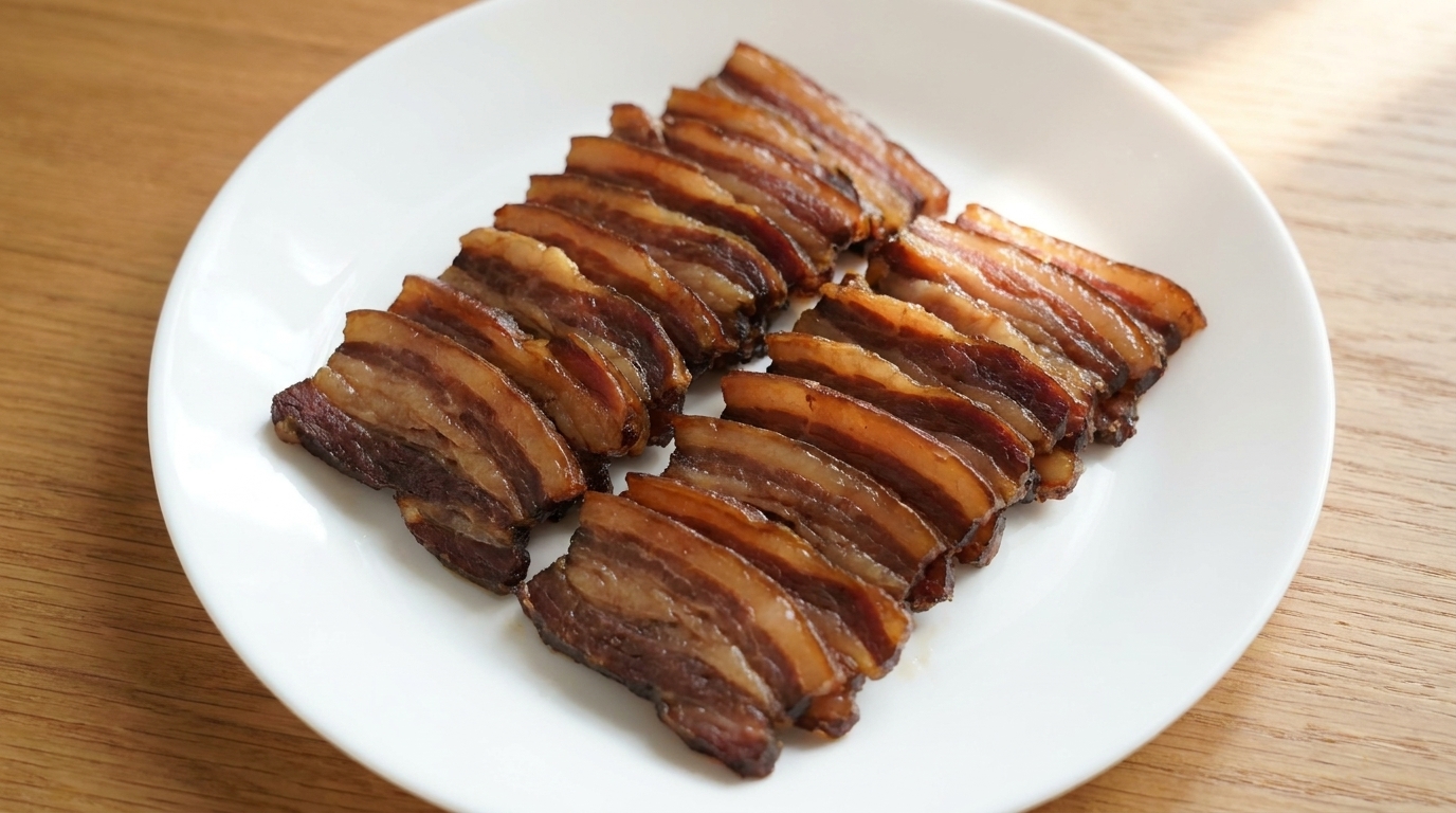Dünn aufgeschnittenes, gedämpftes Sojasaucen-Schweinefleisch, ordentlich auf einem weißen Teller angerichtet.