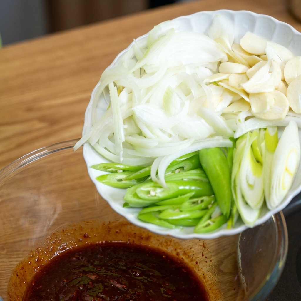 Eine Auswahl an geschnittenem Knoblauch, grünen Chilis und Zwiebeln wird in die Schüssel gegeben.