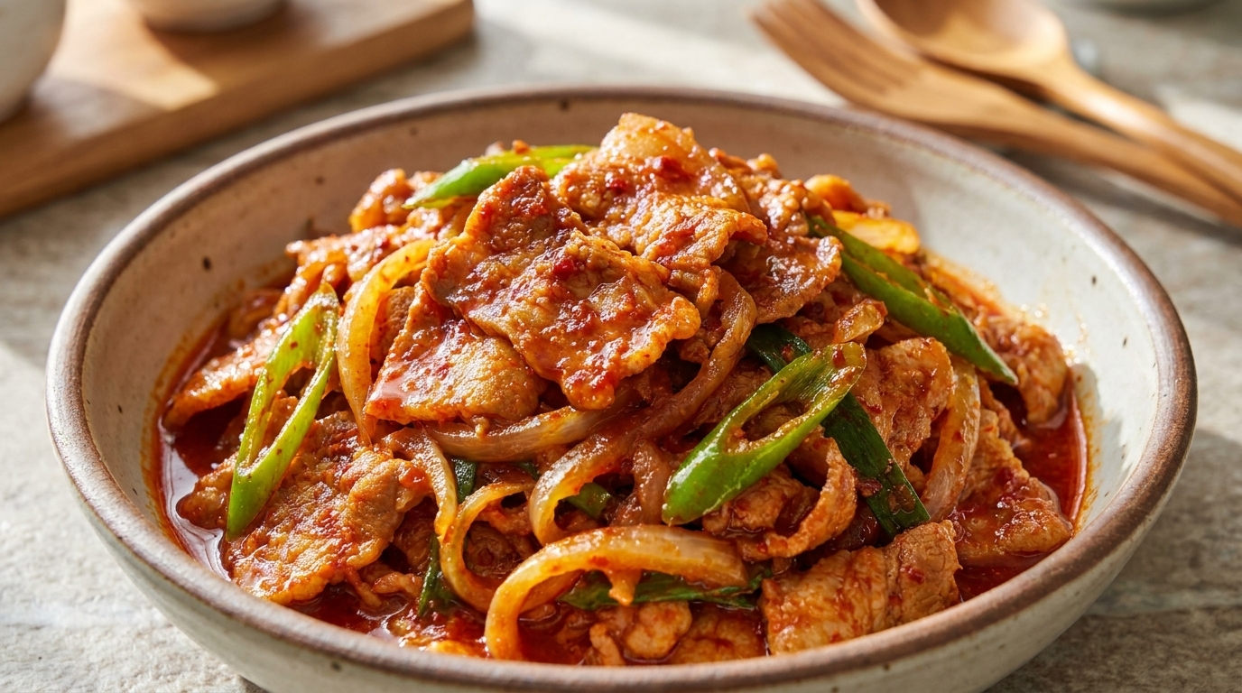 Würziger koreanischer Schweinebauch aus der Pfanne (Jeyuk Bokkeum)