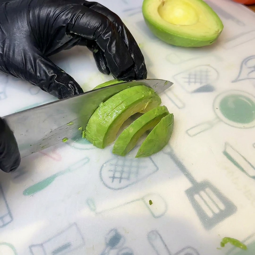 Slices of fresh, ripe avocado resting on a cutting board, ready to be used as a burger topping.
