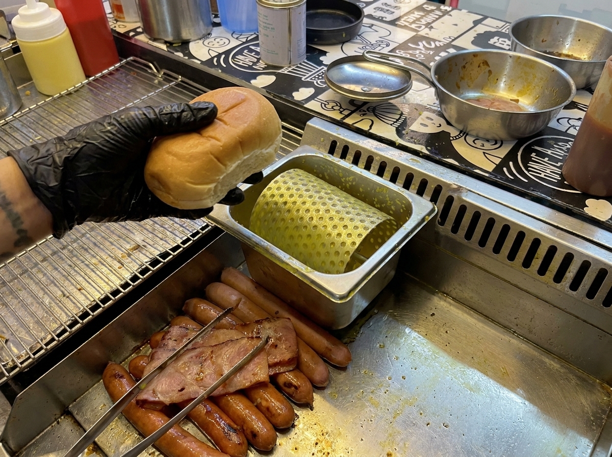 Mit Butter bestrichene Brötchenhälften beim Toasten auf einer heißen Metallplatte.