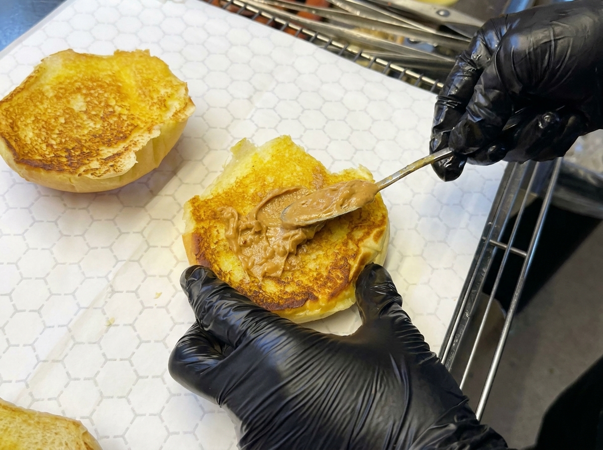 Eine getoastete Brötchenhälfte wird mit Erdnussbutter bestrichen und mit Soße beträufelt.