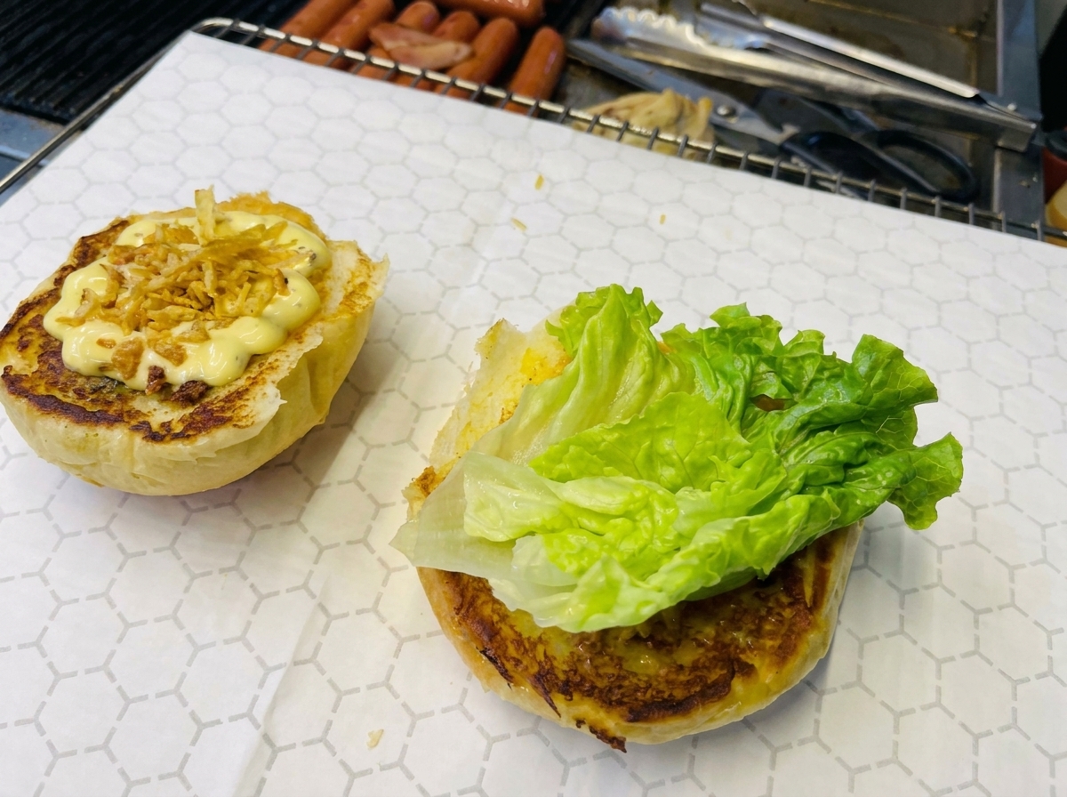 Getoastete Brötchenhälfte belegt mit knusprigen Kartoffelstäbchen, Salat, Speck und Honig-Senf-Soße.