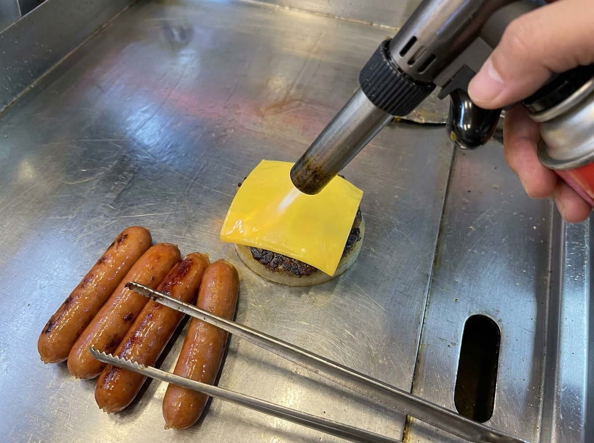 Käsescheibe schmilzt auf einem Rinder-Patty, während sie mit einem Flambierbrenner bearbeitet wird.