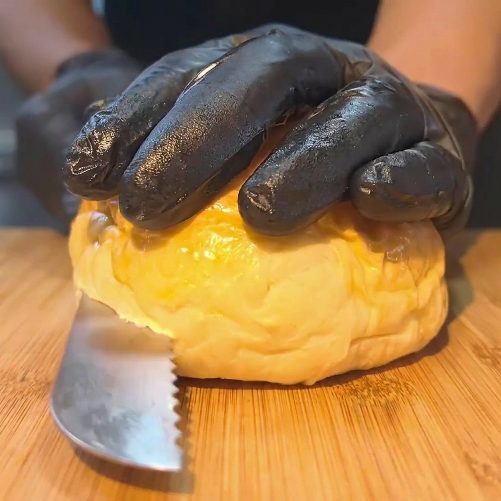 Eine aufgeschnittene Burgerbrötchen-Hälfte wird auf einer heißen Metallplatte geröstet.
