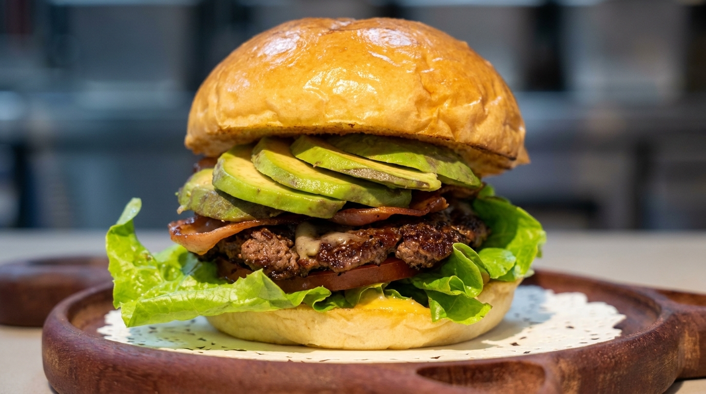 Ein Gourmet-Avocado-Burger mit saftigem Rindfleisch-Patty, knusprigem Speck und frischen Avocadoscheiben auf einem gerösteten Brioche-Brötchen.