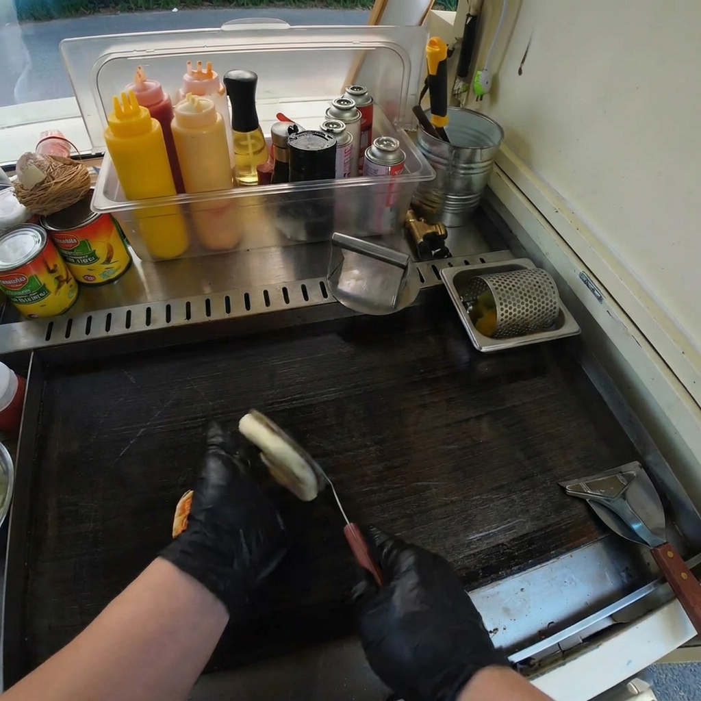 Ein rohes Rindfleisch-Patty in einer heißen Pfanne, das an den Rändern braun wird.
