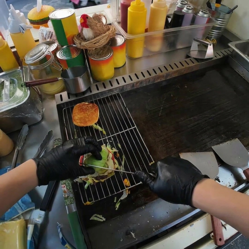 Frische grüne Avocadoscheiben werden sorgfältig auf dem gebratenen Patty angerichtet.