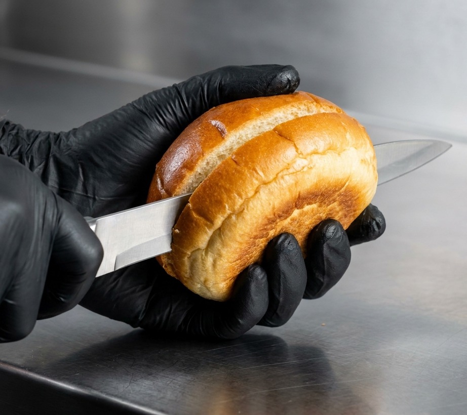 Burger-Brötchen werden auf einem heißen Grill goldbraun geröstet.