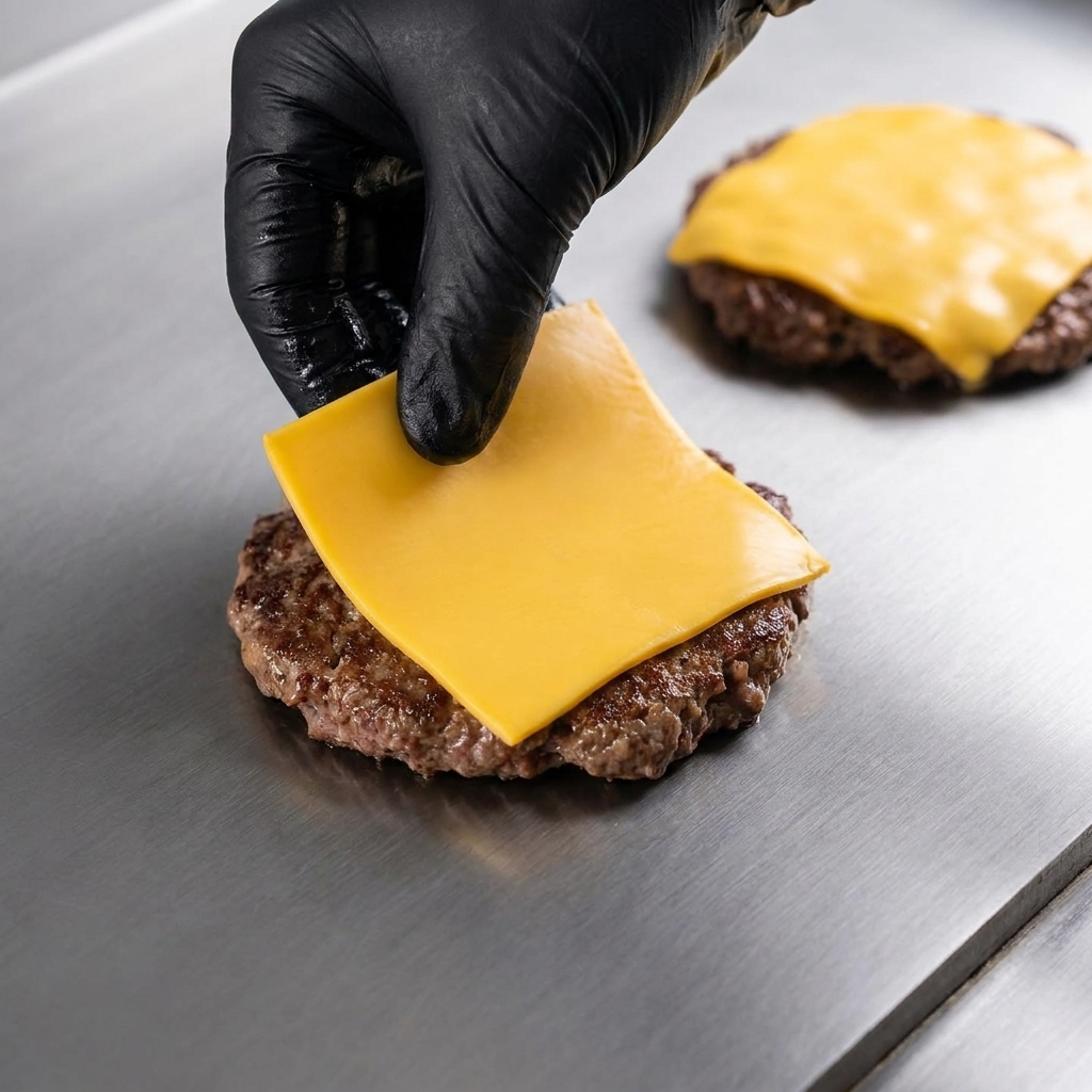 Scheiben von Cheddar schmelzen auf den Rindfleisch-Patties auf dem Grill.