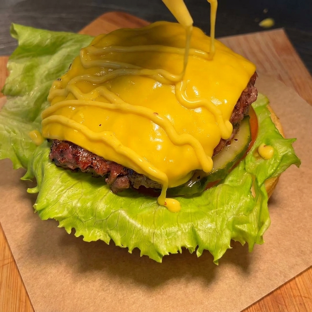 Gelber Senf wird spiralförmig auf den Cheeseburger gegeben.