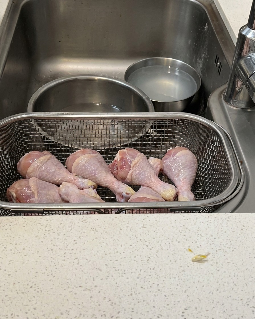 Ein roher Hähnchenschenkel wird mit einer Küchenschere über einem Edelstahlsieb vorsichtig entbeint.