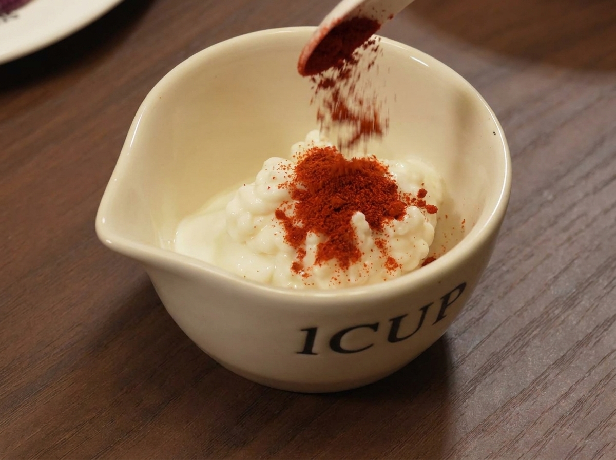 Eine cremige Sauce wird in einer kleinen weißen Schüssel mit einem Löffel verrührt.