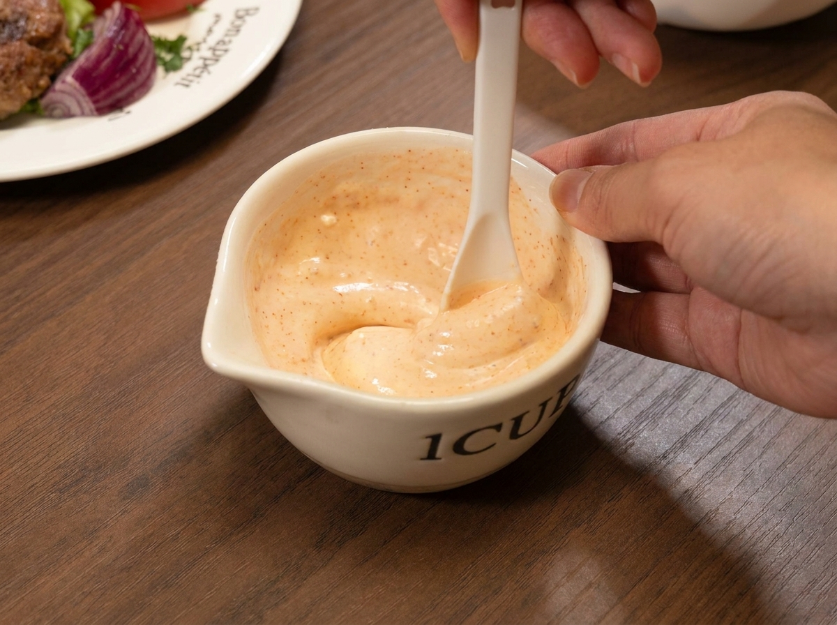 Cremige Sauce wird mit einem Spatel auf die angeröstete Brötchenhälfte gestrichen.