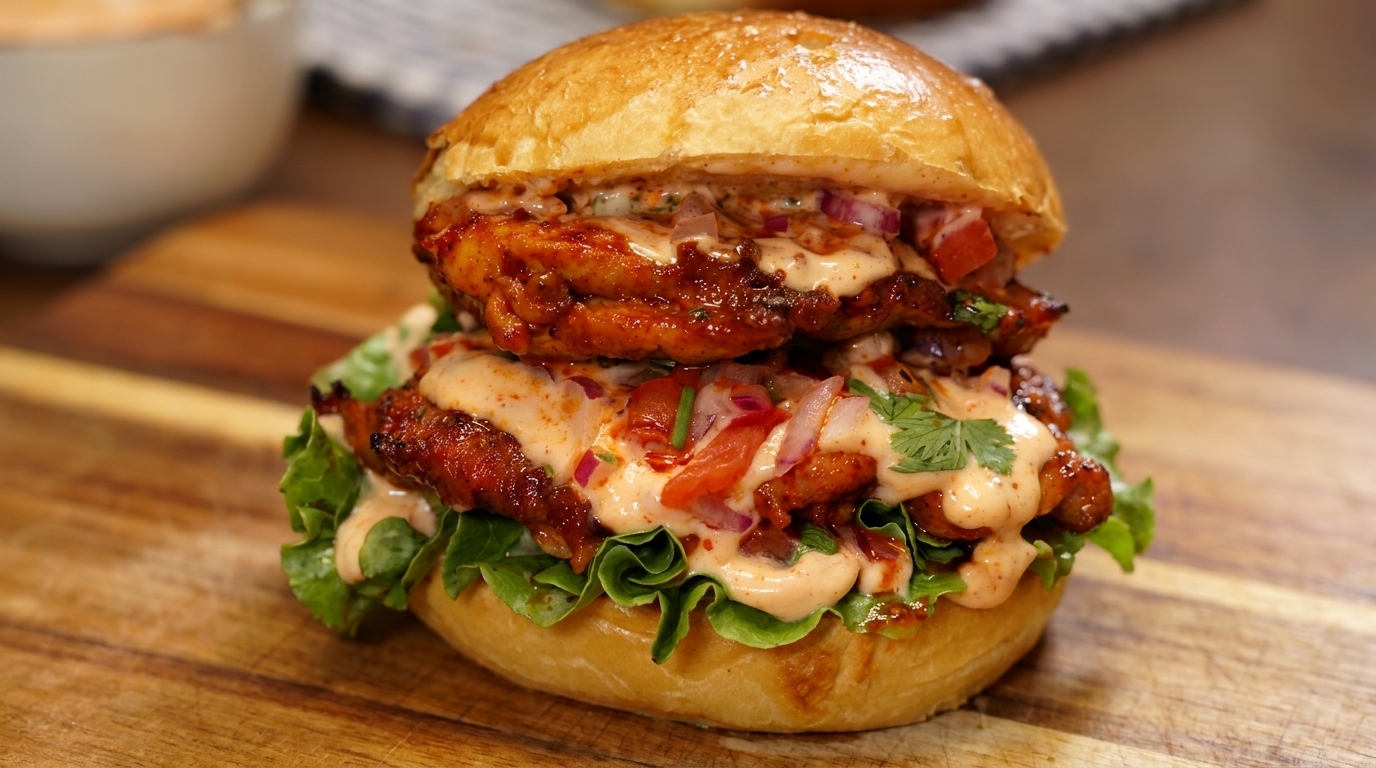Ein doppelt belegter, pikanter mexikanischer Chicken Burger, garniert mit frischer Salsa und einer cremigen Sauce.