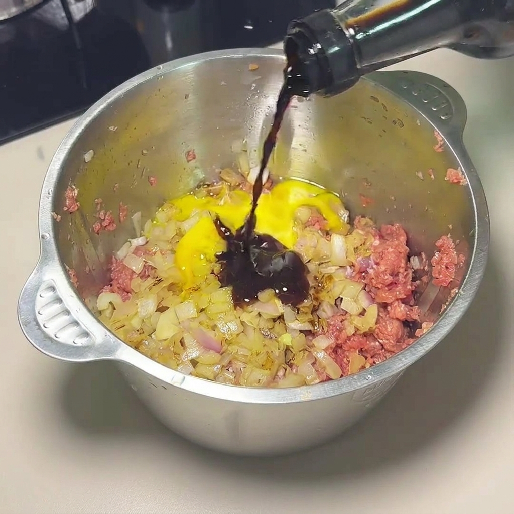 Dunkle Sojasauce wird in eine Schüssel mit Rinderhack, Zwiebeln und Ei gegeben.