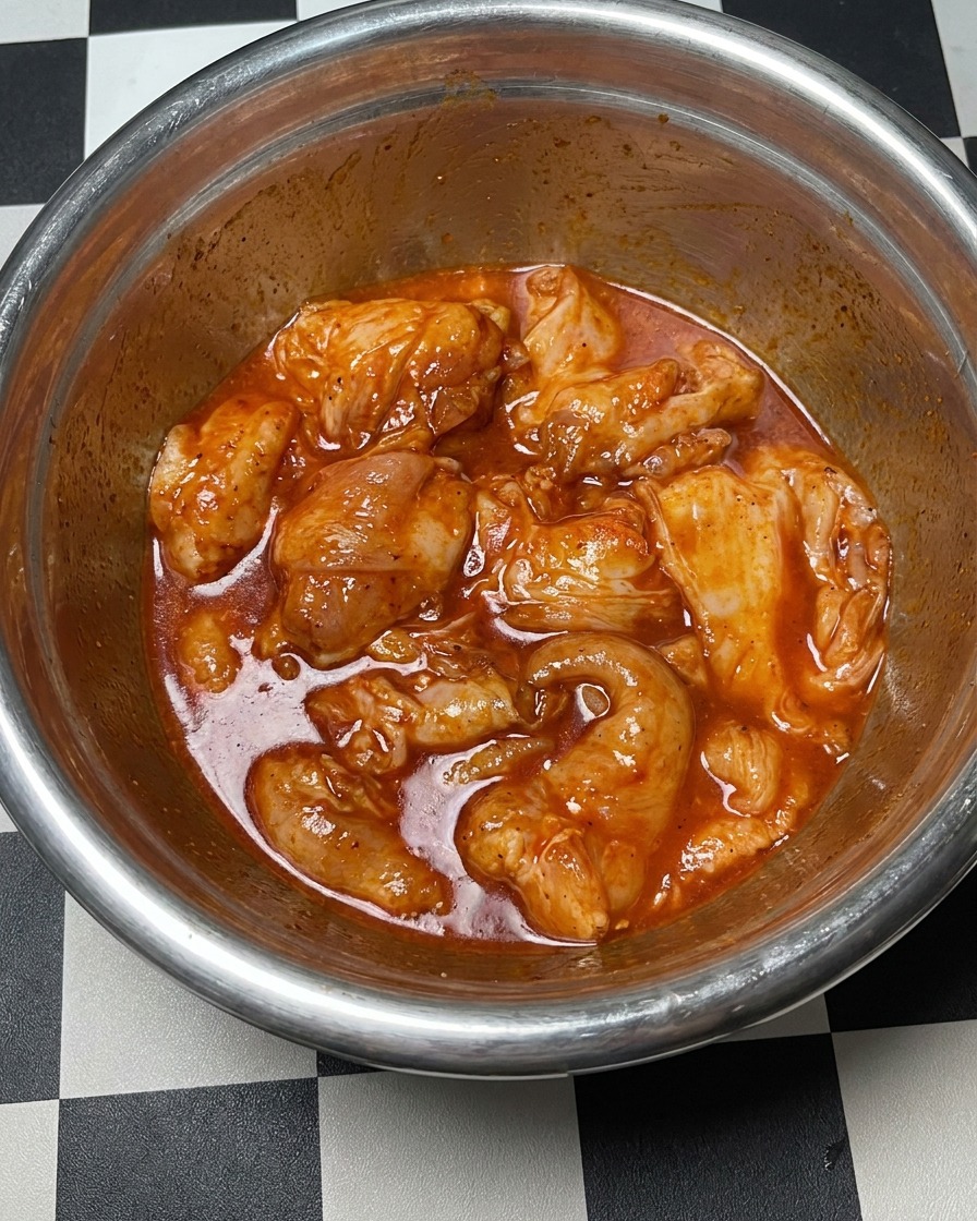 Eine Schüssel mit mariniertem Hähnchen, fest mit Frischhaltefolie abgedeckt.