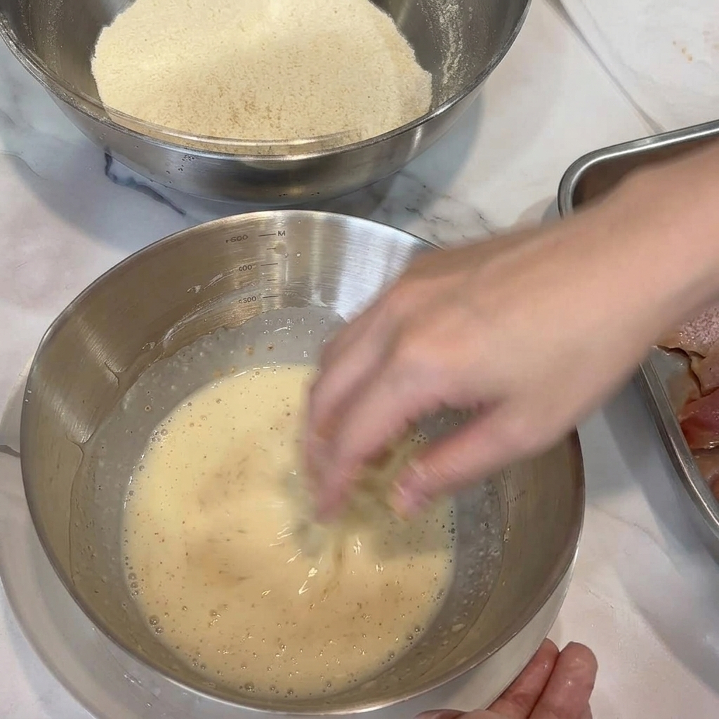 Hähnchenfleisch wird in den flüssigen Teig getaucht.