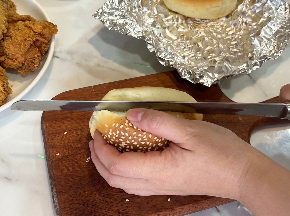 Ein Brötchen wird mit einem gezackten Messer halbiert.