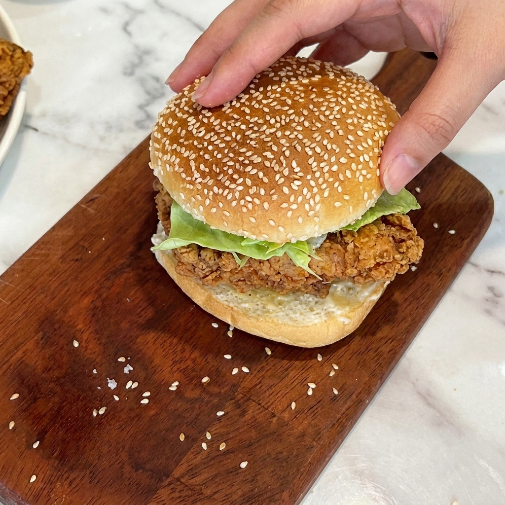 Die obere Brötchenhälfte wird auf den Burger gelegt.