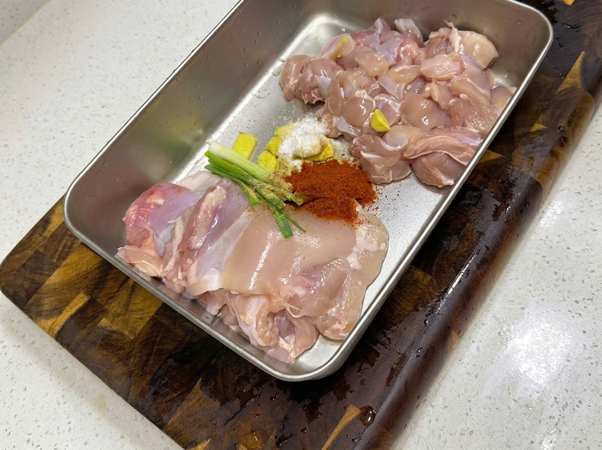 Gewürfeltes rohes Hähnchen in einer Metallschale mit Gewürzen und Aromaten bereit zum Mischen.