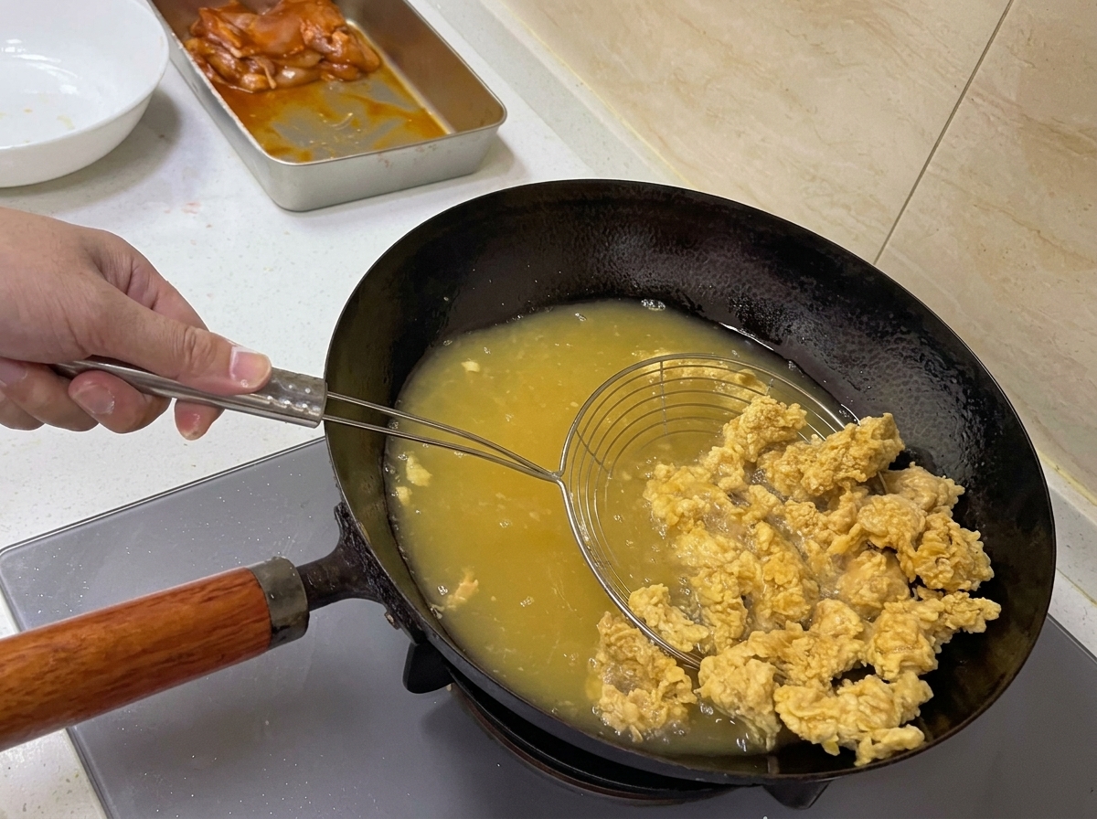 Eine Hand nutzt einen Schaumlöffel, um hellgoldene frittierte Hähnchenstücke aus heißem Öl in einem Wok zu heben.