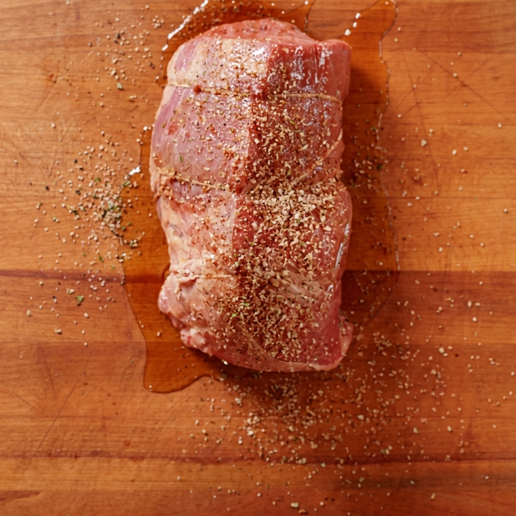 Rohes, mit Kräutern und Gewürzen mariniertes Rindfleisch auf einem Holzbrett.