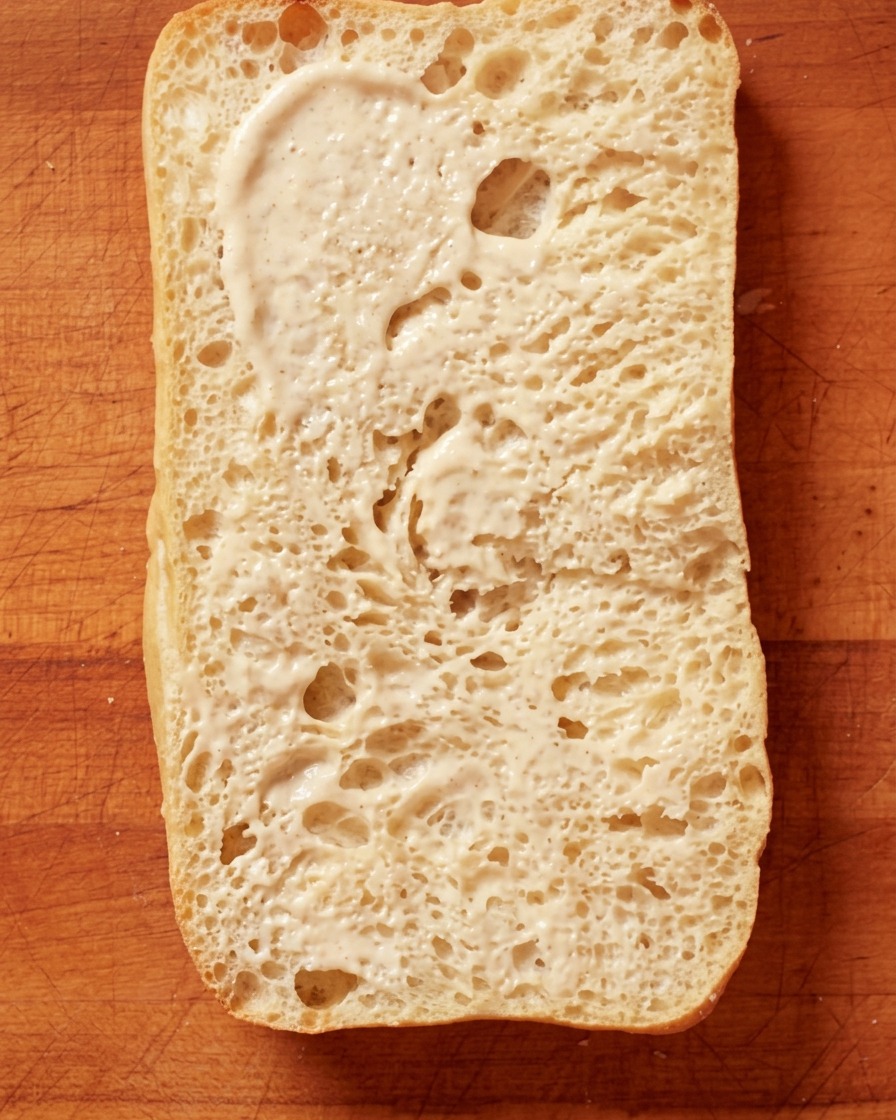 Cremige Soße wird auf eine Scheibe geröstetes Ciabatta gestrichen.