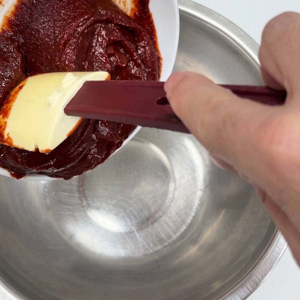 Koreanische Chilipaste in einer Edelstahlschüssel.