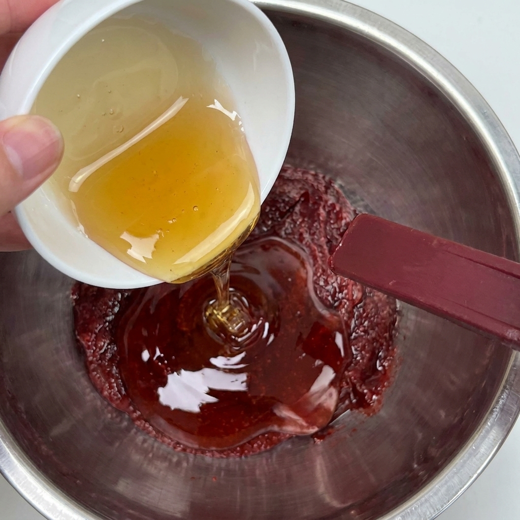 Honig wird in die Schüssel mit Chilipaste gegossen.