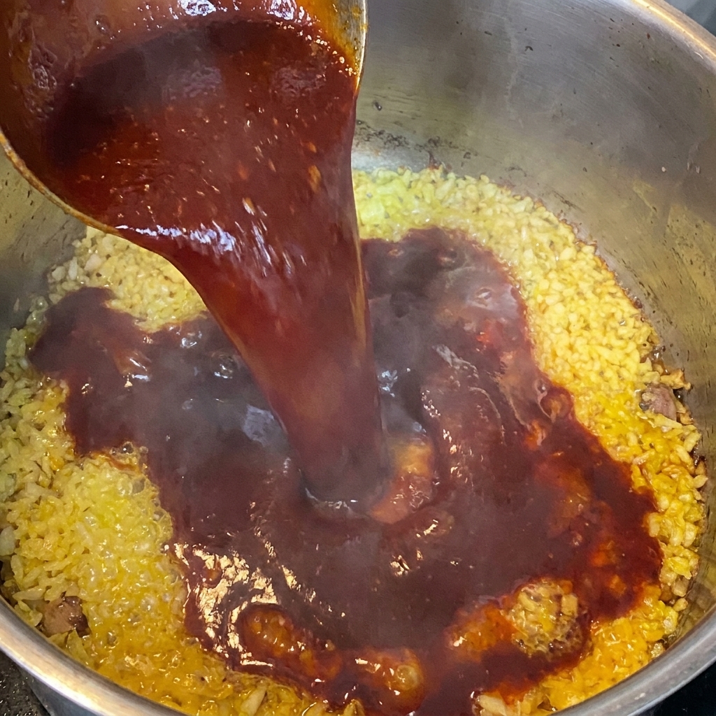 Reichhaltige, dunkle Sauce wird in eine Pfanne mit angebratenem Knoblauch gegossen.