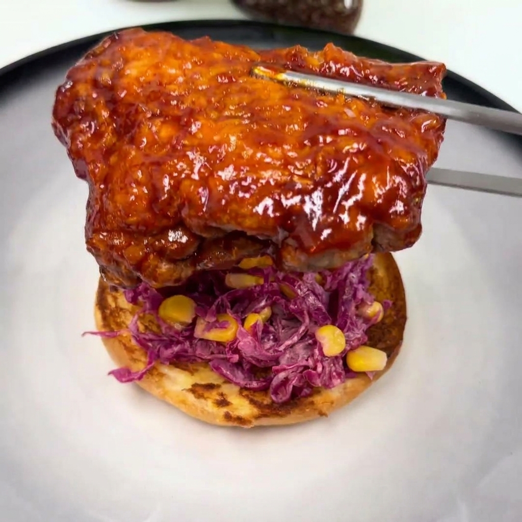 Gebratenes Hähnchenschenkelfleisch über einem Salat aus Rotkohl und Mais auf einem Burgerbrötchen.
