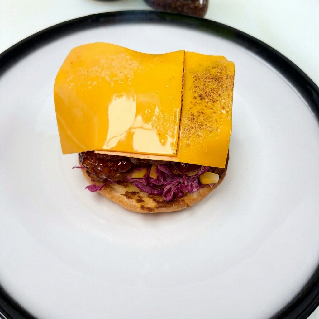 Eine Scheibe Käse schmilzt auf dem Hähnchen-Patty unter einer Küchenflamme.