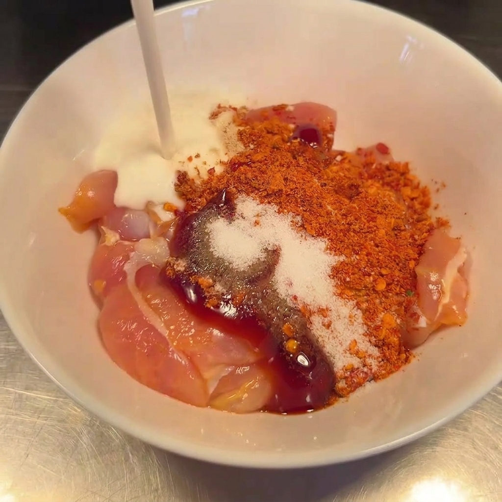 Dicker, weißer Joghurt wird über die bereits gewürzten Hähnchenschenkel gegossen.
