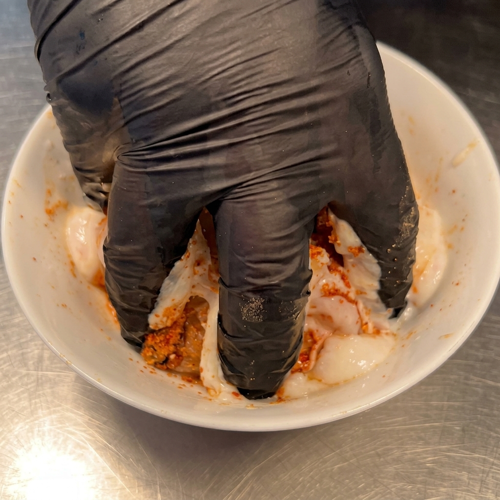 Hände massieren Joghurt und Gewürze gründlich in die Hähnchenschenkel ein.