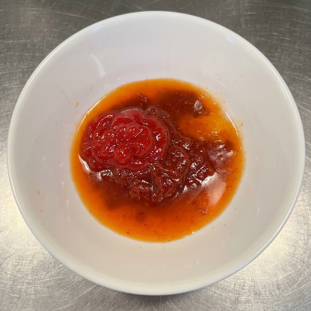 Eine Mischung aus koreanischer Chilisauce, Ketchup, Knoblauch und Chilipulver in einer kleinen Schüssel.