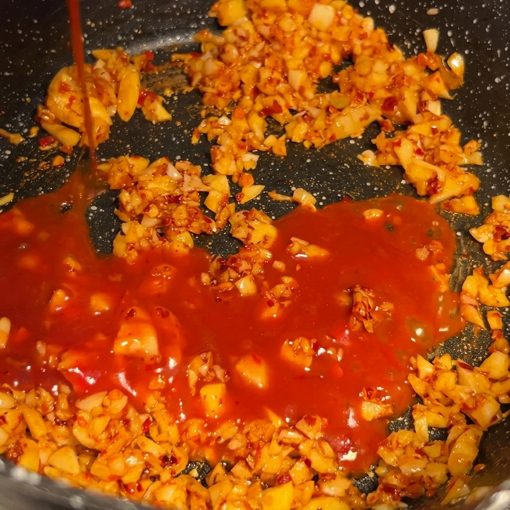 Die rote Chilipaste wird in die Pfanne zu den Gewürzen gegeben.