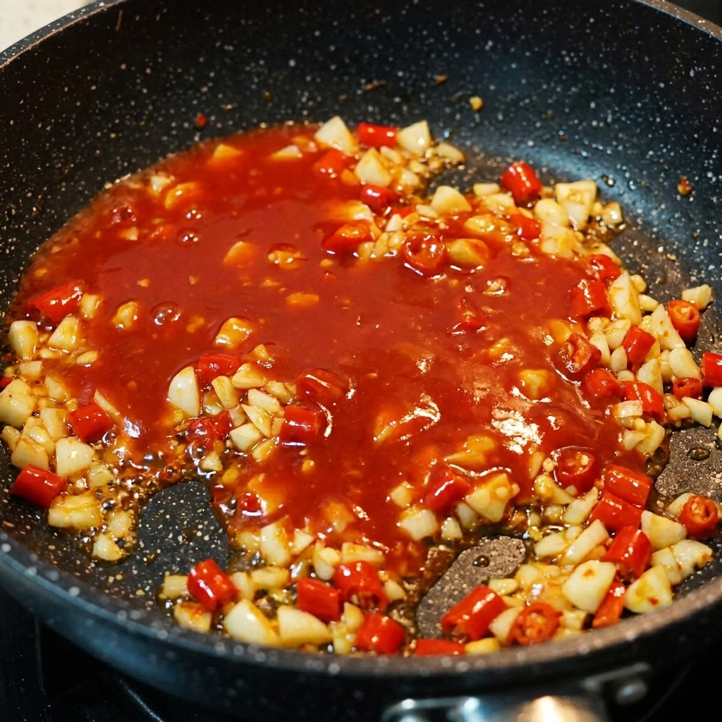 Sahne wird in die köchelnde, rote Saucenbasis in der Pfanne gegossen.