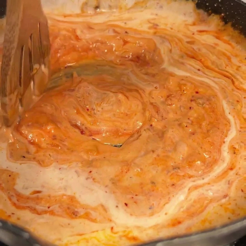Eine leuchtend orangefarbene, cremige Sauce wird in einer Pfanne gerührt.