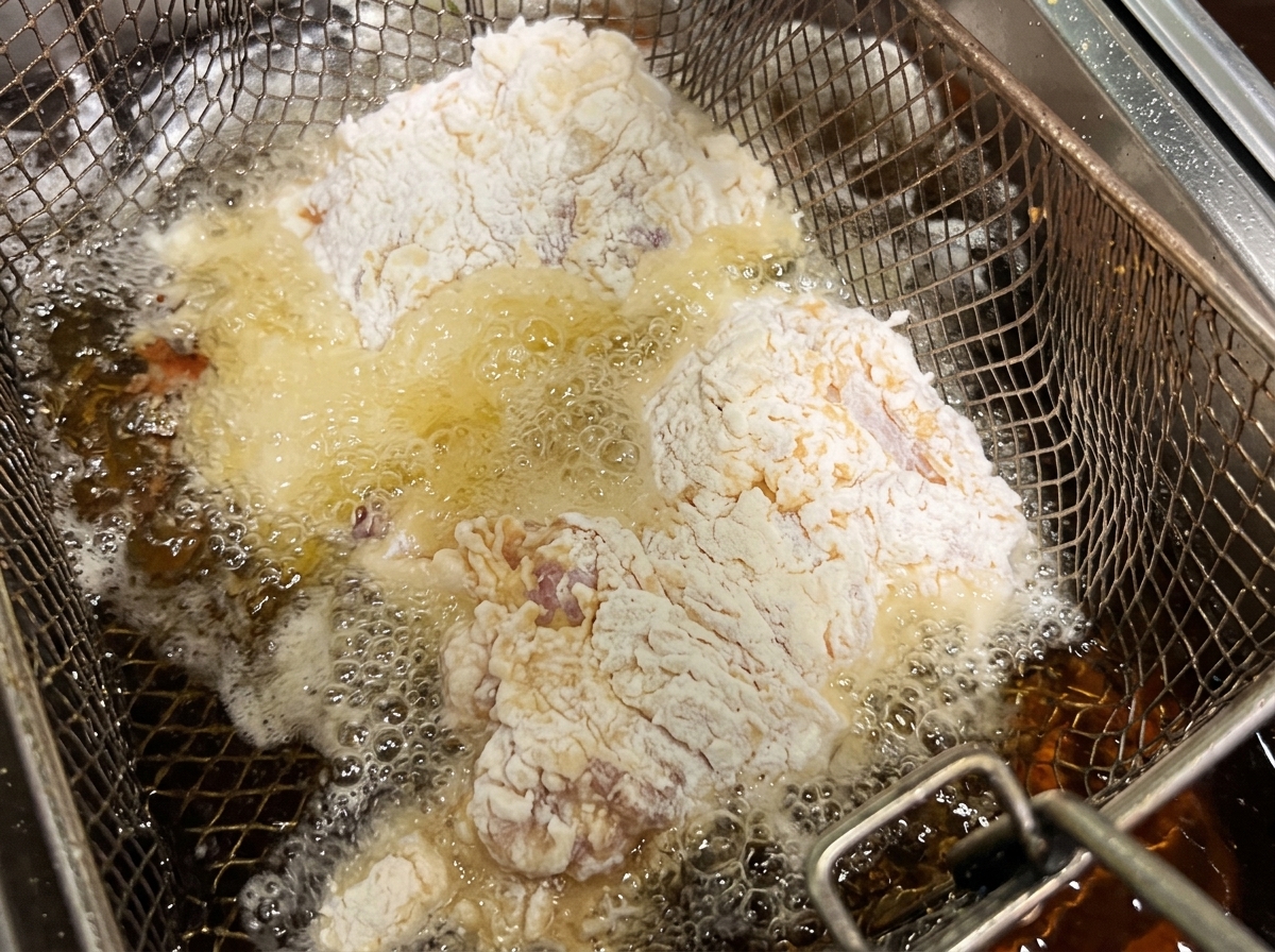 Panierte Hähnchenstücke werden in heißes, sprudelndes Öl gegeben.