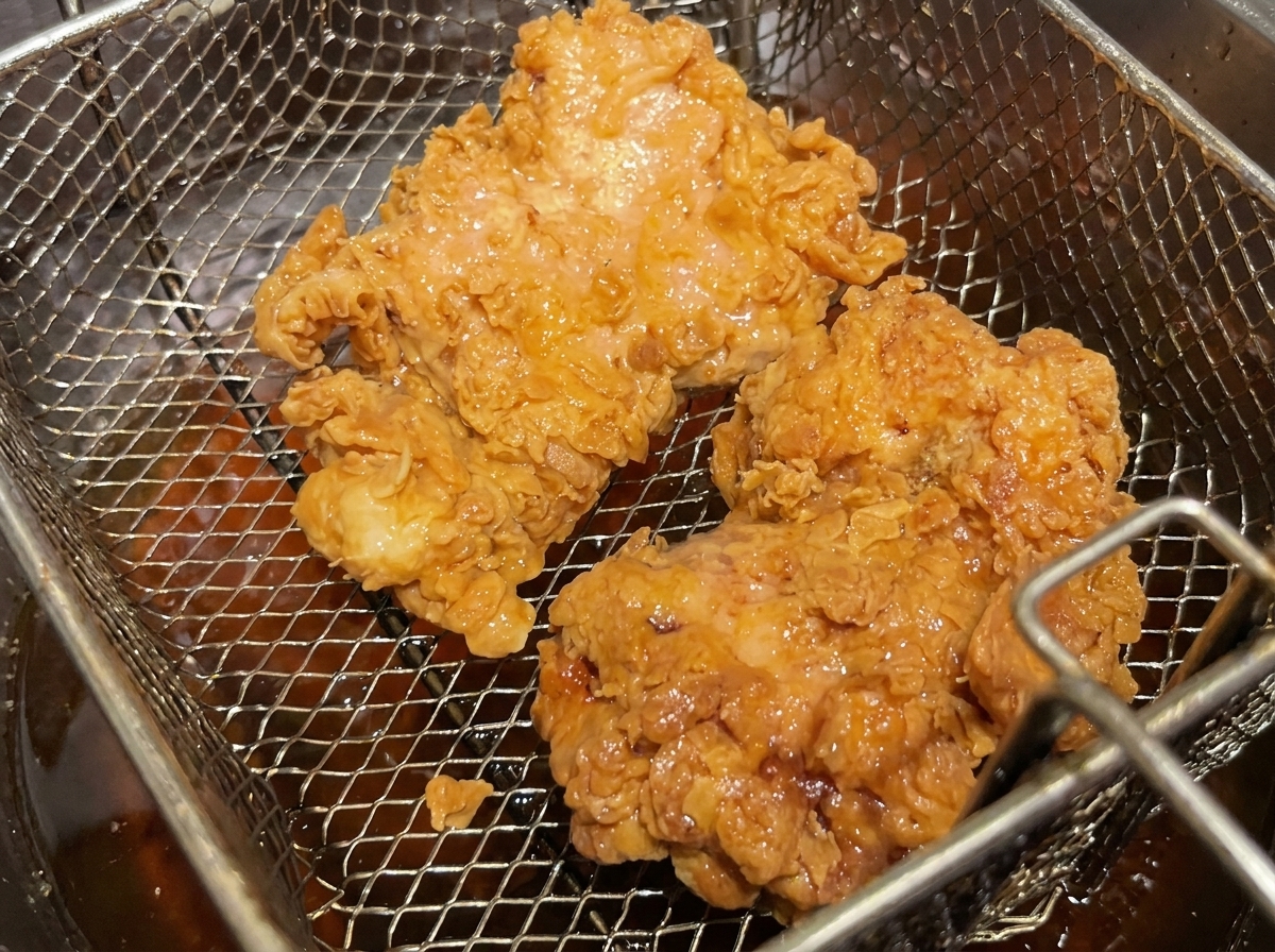 Zwei goldbraune Hähnchenstücke liegen in einem Abtropfkorb.