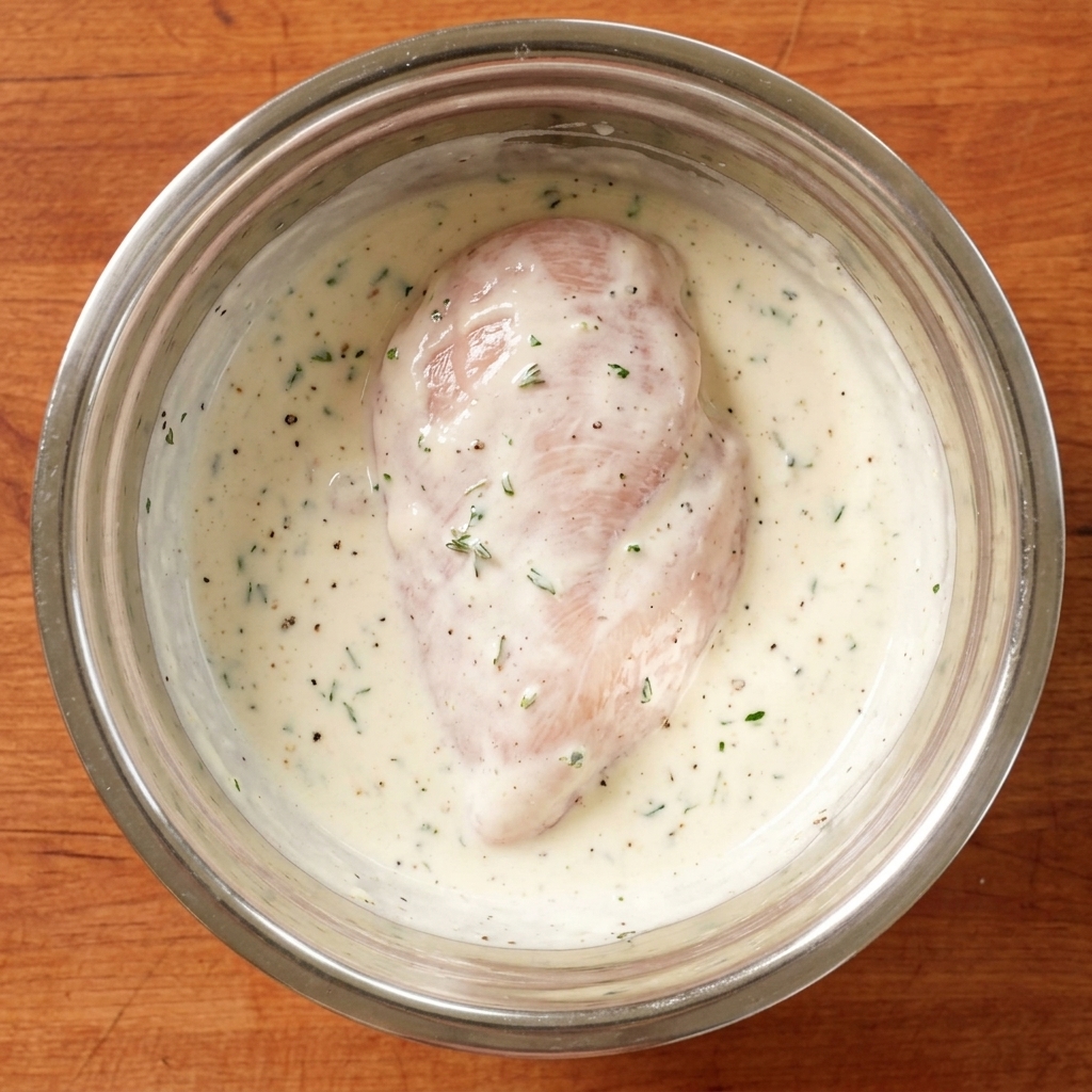 Hähnchenstücke in einer milchigen Gewürzmarinade in einer Schüssel.